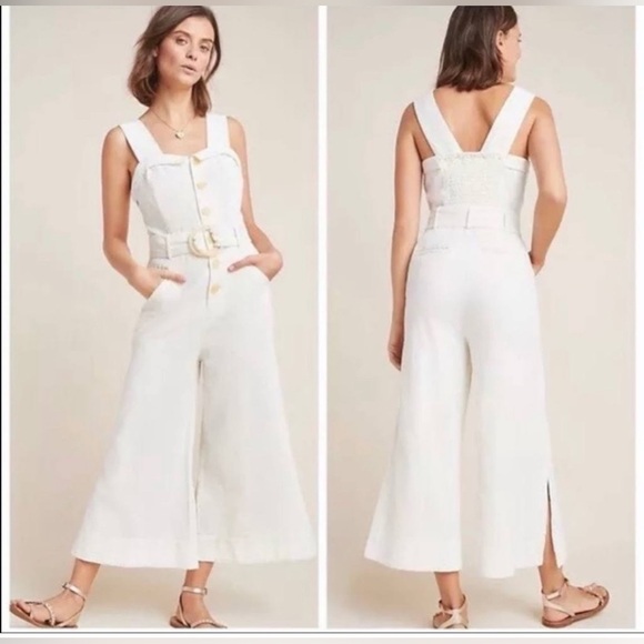 Anthropologie Pants - Anthropologie Button Front Belted Wide Leg Crop Jumpsuit Cream Size 00 Linen